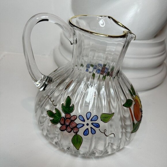 Crystal Clear Pitcher Handcrafted Venetian Fruit 22K Gold Trim Romania 96 oz - Picture 9 of 12